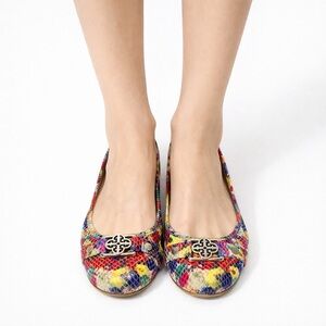Isola Ballet Flats Multi Color Lizard Skin Texture Logo Buckle Womens Size 7.5